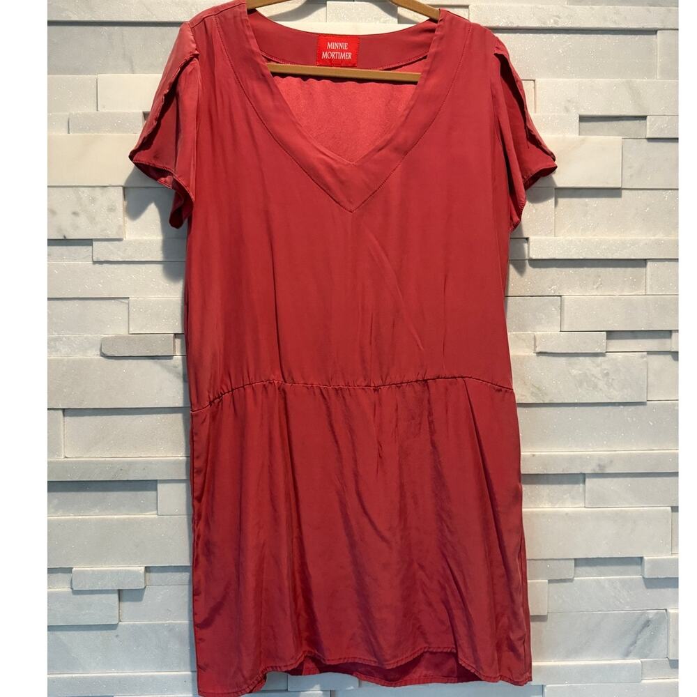 MINNIE MORTIMER 100% Silk V-neck Split Sleeve Dress M Rose